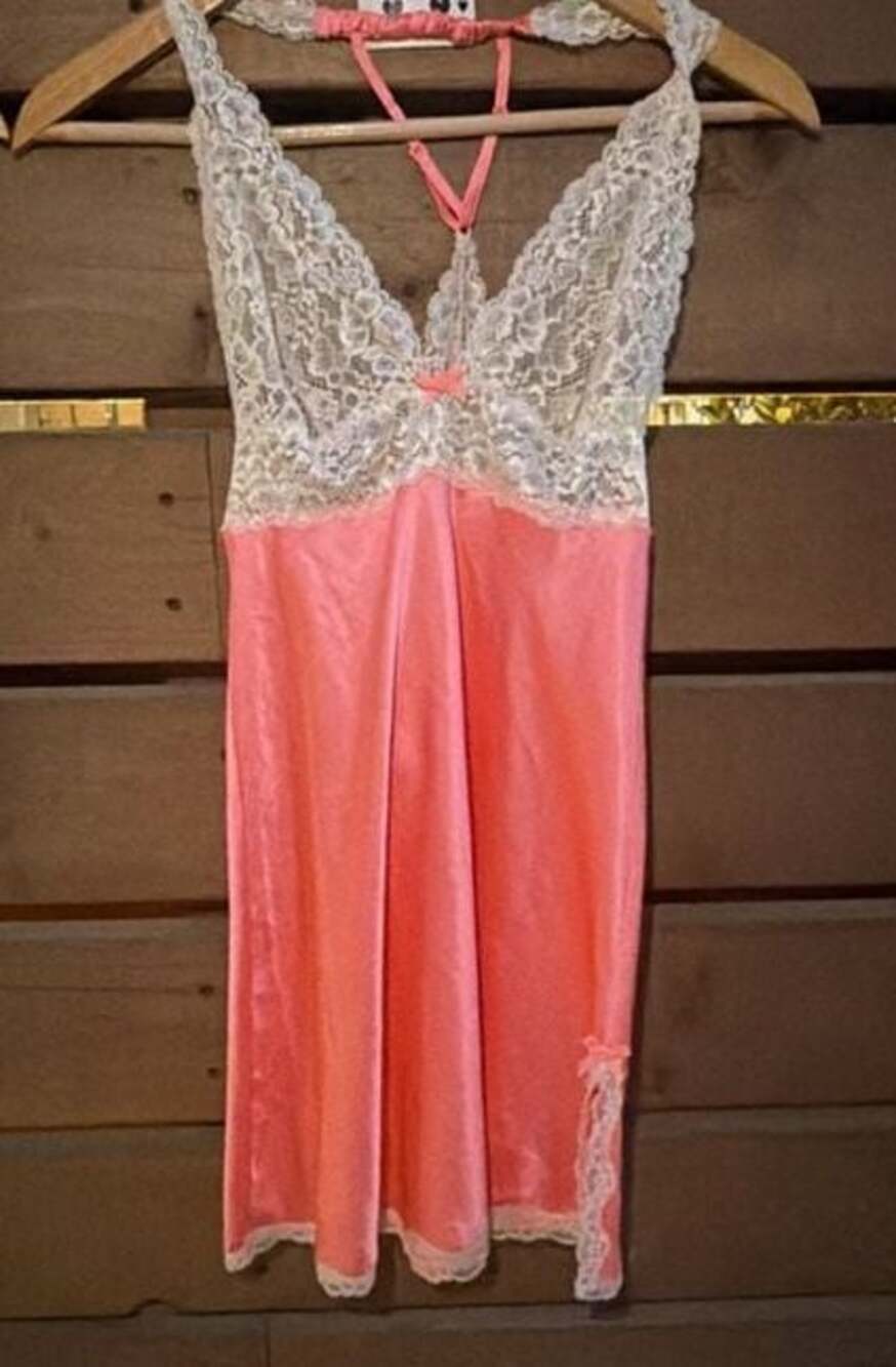Victoria's Secret Coral Pink Satin and White Lace Halter Babydoll Nightgown Size